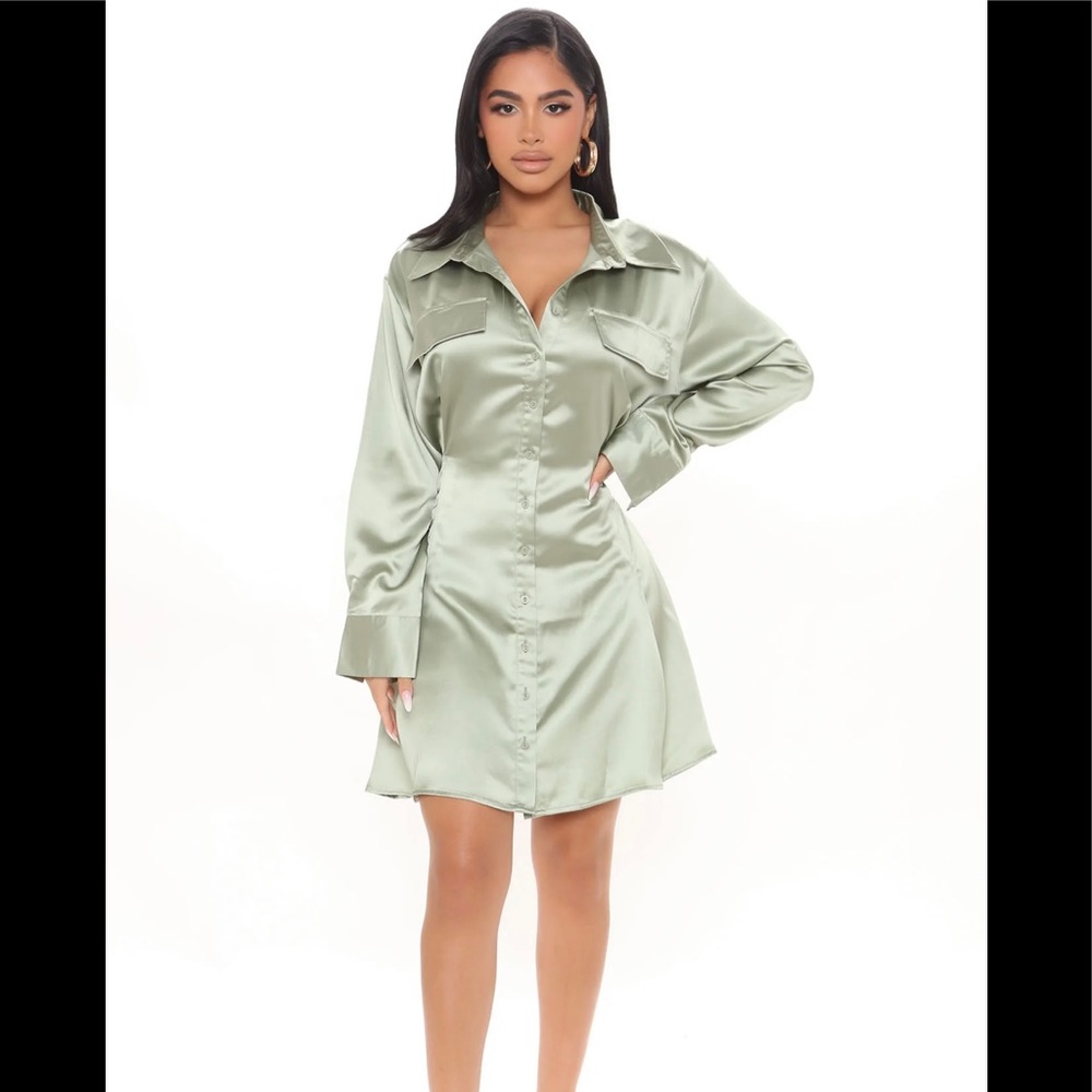 Sage Green Satin Shirt Dress